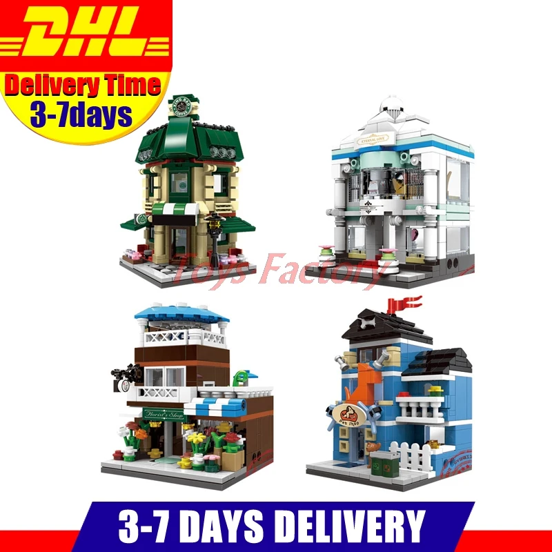 

XingBao 01105 Genuine 1079 Pcs The Coffee Shop Wedding Store Flower Shop Pet Shop Set 4 in 1 Building Blocks Bricks Toys Model