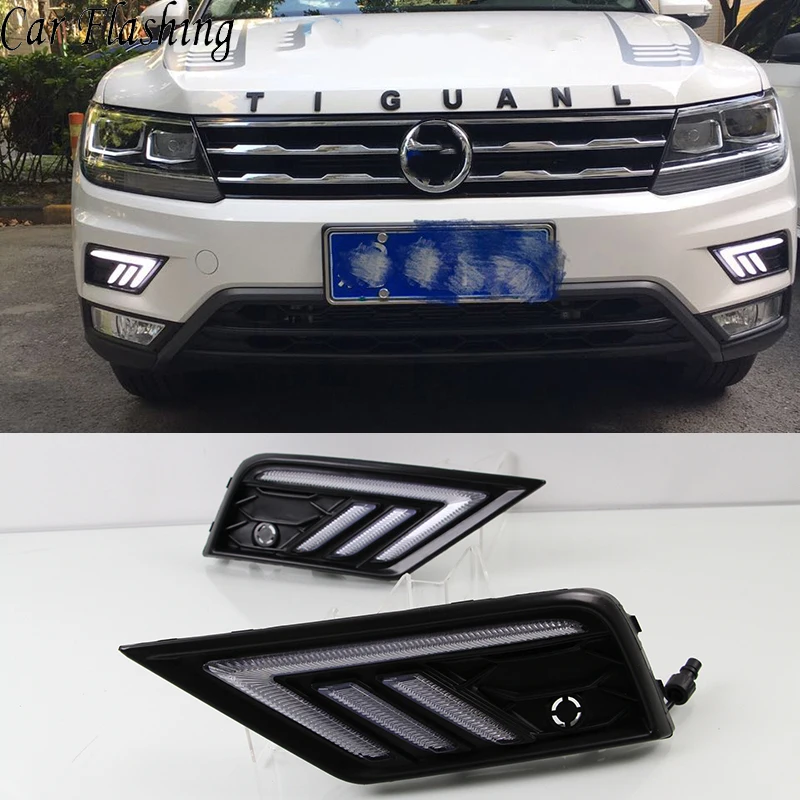 

Car Flashing 1Pair DRL For Volkswagen VW Tiguan 2017 2018 Daytime Running Light with Yellow Turn Light Night Blue Light Function