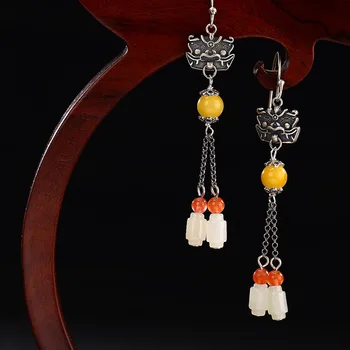

Retro Real 925 Sterling Silver Long Drop Earrings For Women Natural Beesaw Amber With White Jade Luxury