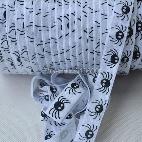 

Black Spider Printed on White FOE Elastic for halloween, wholesale custom foe 100Y per roll with free shipping, ribbon elastic