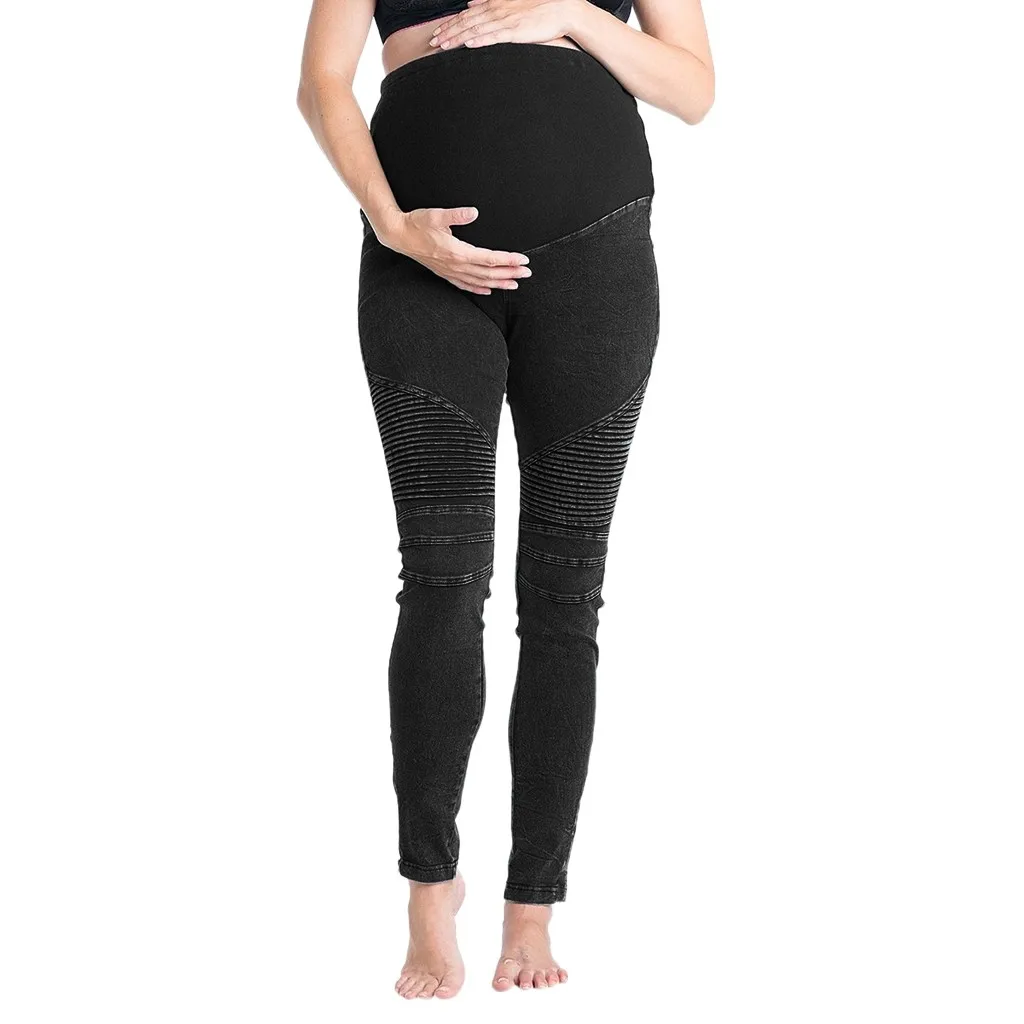 

Maternity Woman solid color High Waist Pants Trousers Pregnant Comfort Prop Belly loose stomach lift pants Nursing nine pants