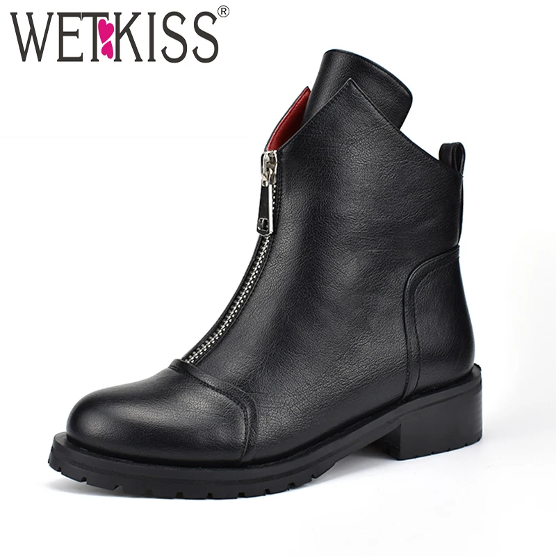 WETKISS Thick Med Heels Women Ankle Boots Round Toe Zip Footwear Pu Warm Female Boot Platform Shoes Woman 2018 Winter New Black | Обувь