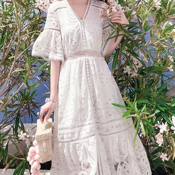

2019 new white dress long maxi embroidery kaftans vyshyvanka women boho A-line flare sleeve