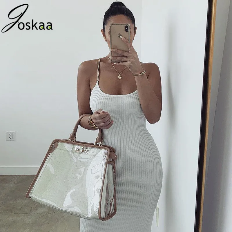 

Joskaa Women Sexy Kintted Bandage Chain Dress Spaghetti Strap Elastic Party Dresses