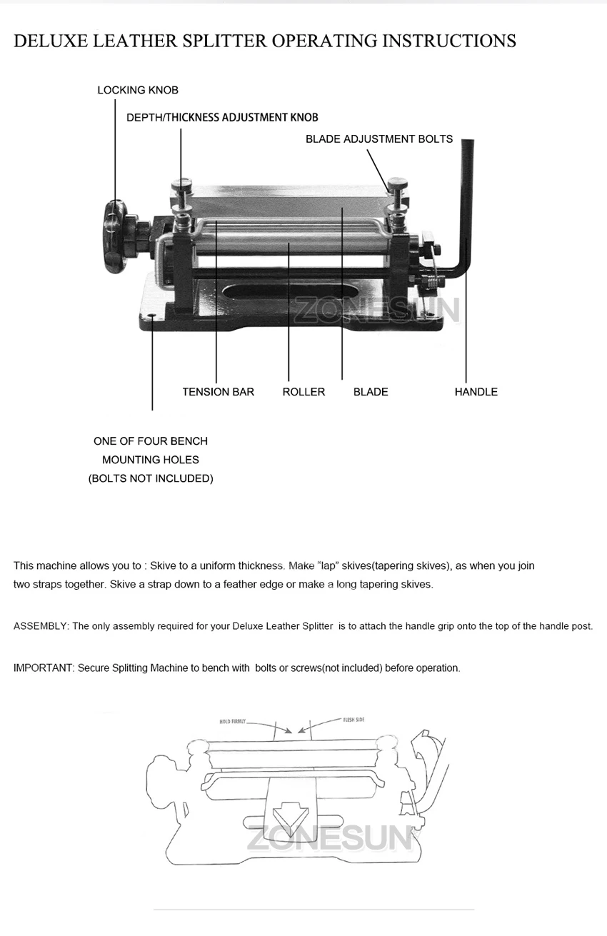 ZONESUN кожа Skiving машинный ремень разветвитель ручка пилинг машины инструменты для растительного дубления кожи DIY Лопата кожи машины
