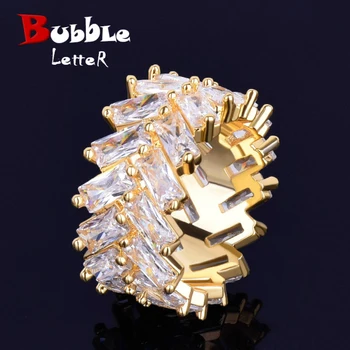 

2 Row Baguette Zircon Men's Ring Copper Charms Gold Color Iced RING Fashion Hip Hop Rock Jewelry