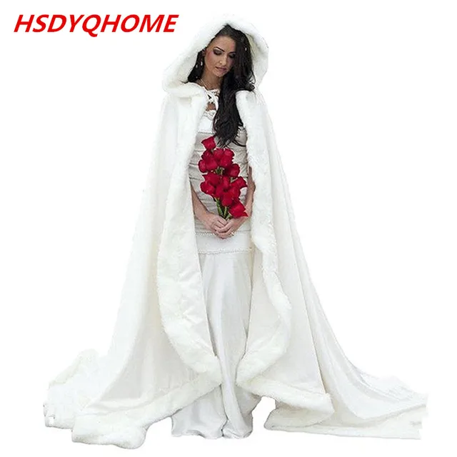Disc HSDYQ HOME Winter Wedding Accressories White Wedding Cloaks Hooded Bridal Cape with Train Faux Fur Bridal Wraps Bridal Cape