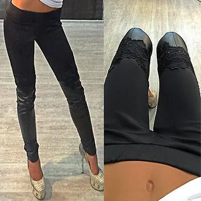 

Sexy Lady Women Skinny Faux Leather Leggings Solid Black Stretch Skinny lace Leggings Pants Slim Elastic