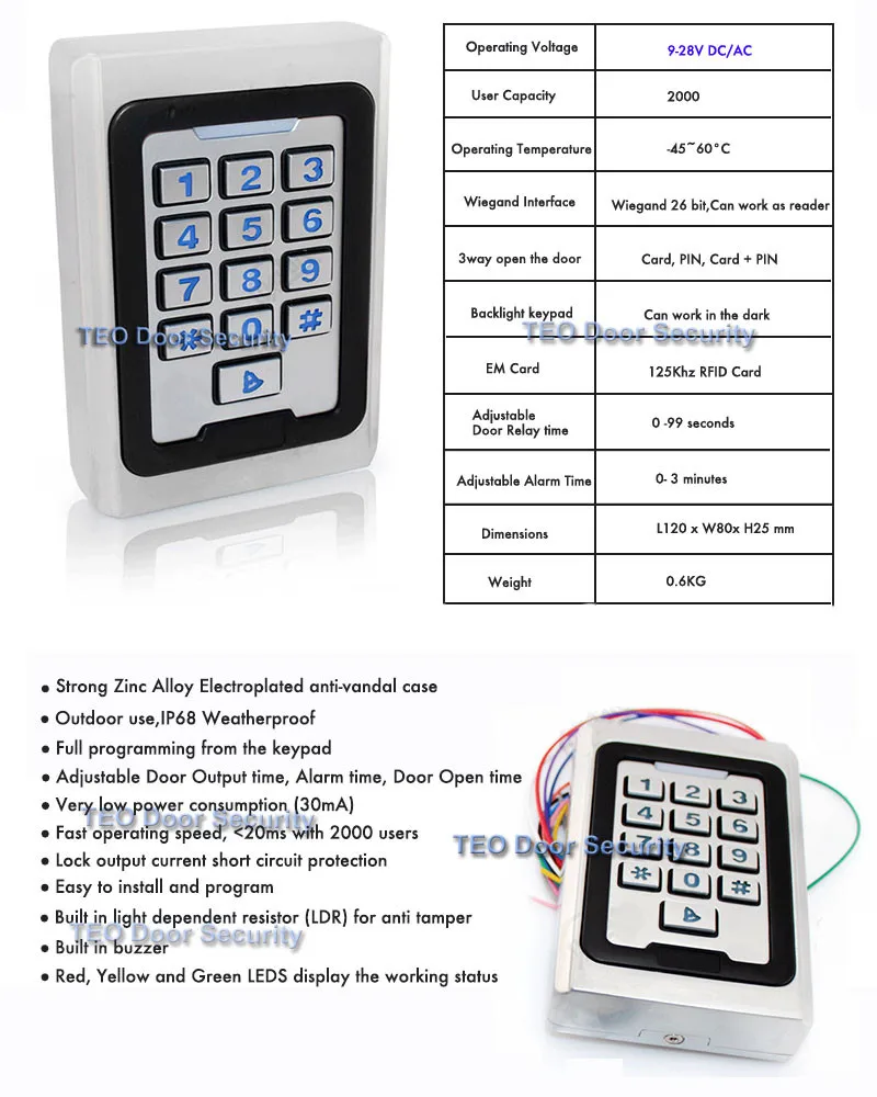 Подсветка клавиатуры металлический доступ 2000 использование rs 125 кГц RFID система контроля доступа наружного использования 9 до 28 Wiegand 26 бит