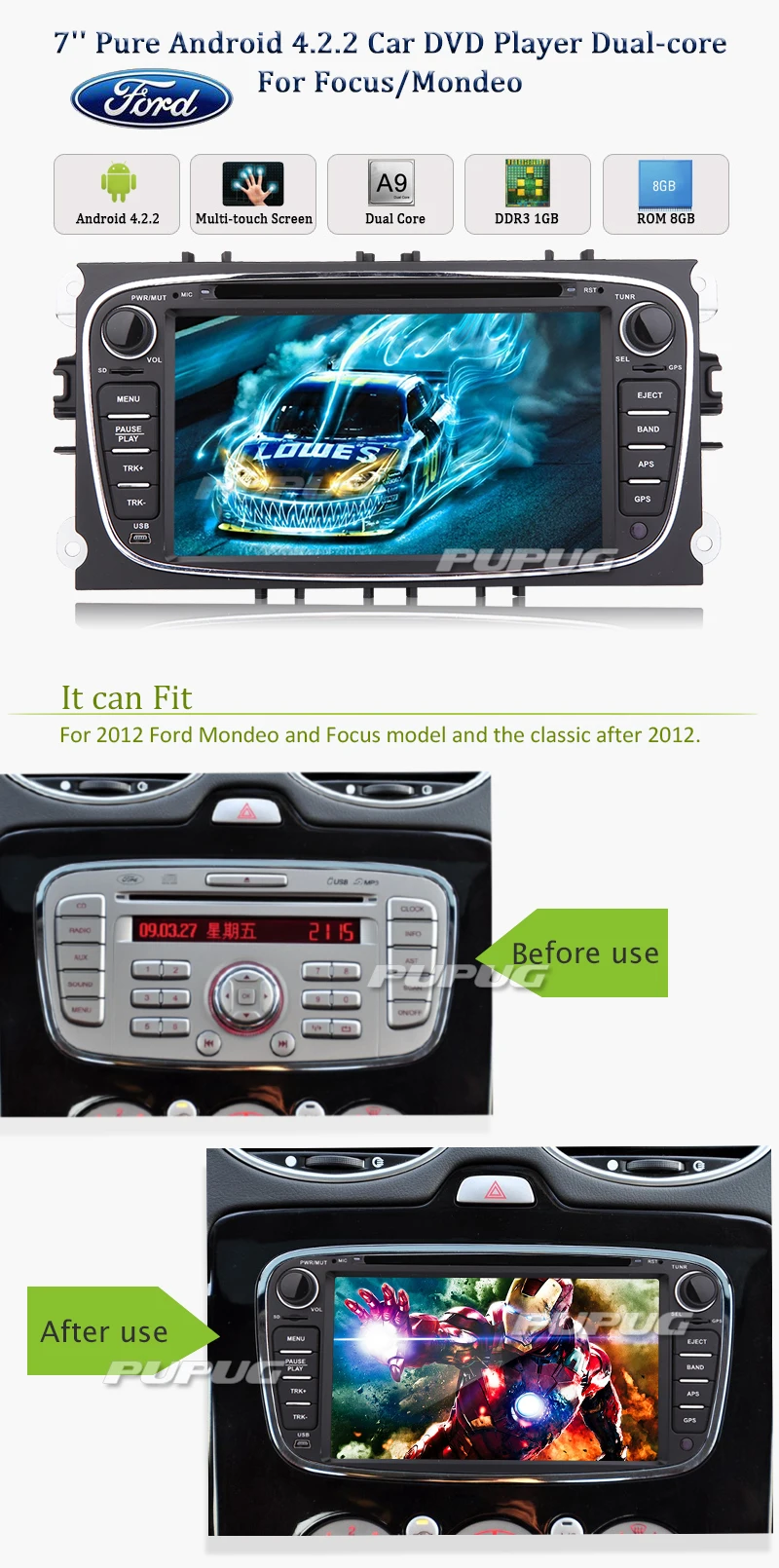 Pure Android 5.1 GPS Map Audio Car DVD Player For FORD FOCUS 2 MONDEO S-MAX 2008-2011 FM AM Video Autoradio Radio Receiver Bluetooth Parts Vehicle Stereo Multimedia System CD 7Inch Remote control RDS Canbus Steering Wheel control EQ Subwoofer