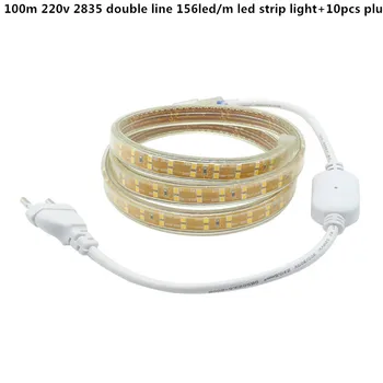 

100m+10pcs plug led strip light AC 220V Waterproof ip67 super bright LED 2835 SMD Flexible Light 156Led/mWhite, Warm white
