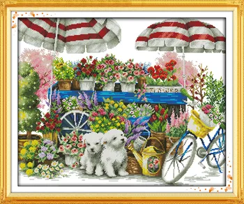 

Joy Sunday Sunny flower shop and two dogscross stitch pattern kits handcraft make embroidery with chart
