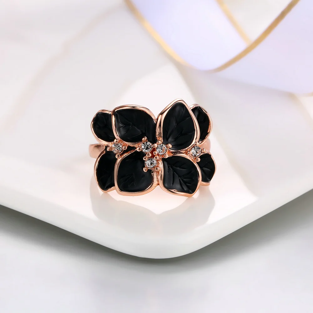 Double Fair Brand Romantic Leaf Black Drip oil Ring Rose Gold Silver Color Vintage Fashion Jewelry For Women DFR678 DFR679