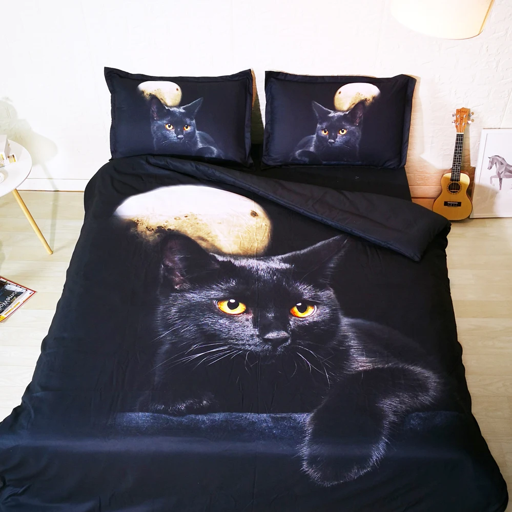 

3PCS Set Beautiful Black Cat under Full moon 3d bed linen set