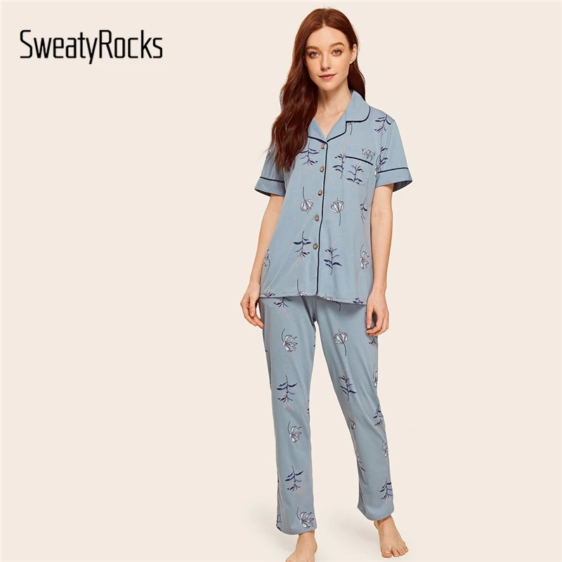 

SweatyRocks Blue Floral Print Button-up Pajama Set Collar Neck Top and Long Pants Nightwear 2019 Pajamas Women Casual Sleepwear