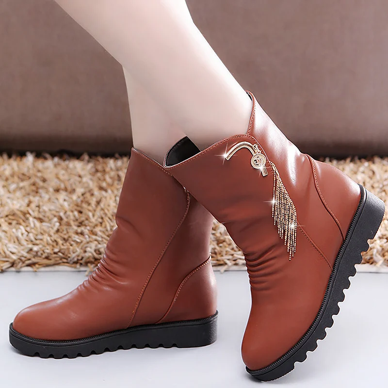

Women's boots fashion fringe mid-calf boots 2017 new plush warm shoes woman winter boots wedges superstar shoes black boots