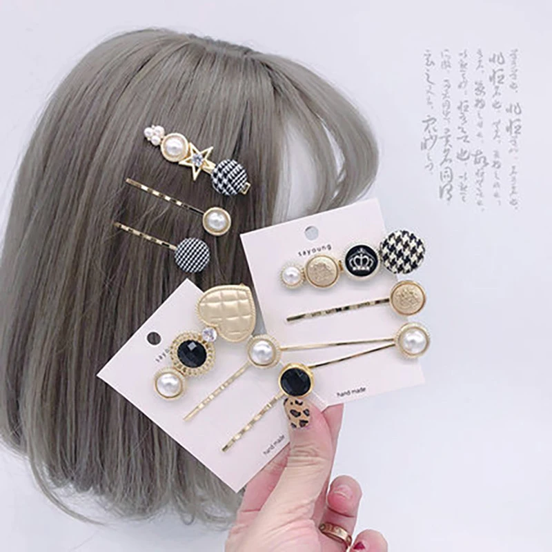 Винтажные корейские заколки для волос с жемчужинами и пуговицами, набор для женщин и девушек, модная металлическая лента для волос с кристаллами, аксессуары для волос, подарки