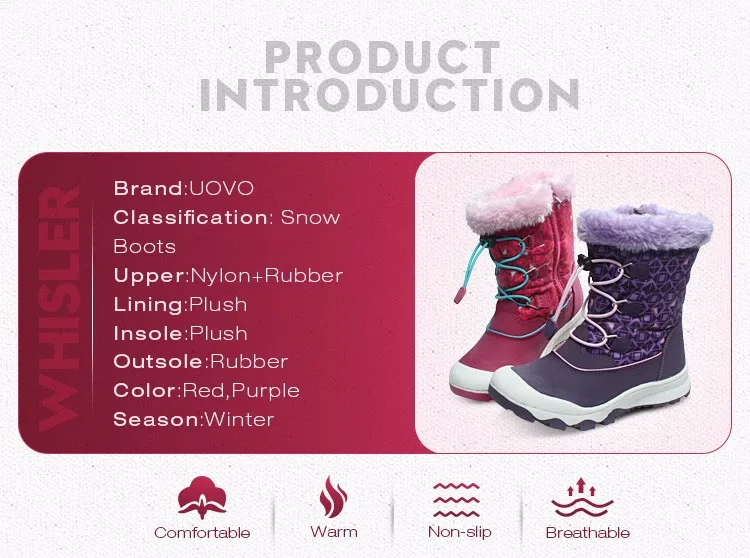 UOVO/новейшие детские ботинки; водонепроницаемые ботинки для девочек; теплые детские зимние ботинки на молнии и шнуровке; спортивные ботинки для девочек с нескользящей подошвой; AAAA