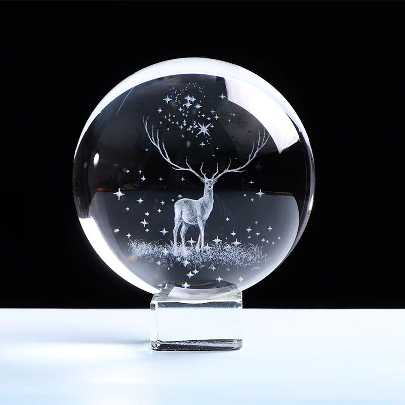 80 мм миниатюрный Wapiti хрустальный шар 3D стекло с лазерной гравировкой Глобус кристалл ремесло Домашний Декор Аксессуары орнамент подарки на день рождения - Цвет: with crystal base
