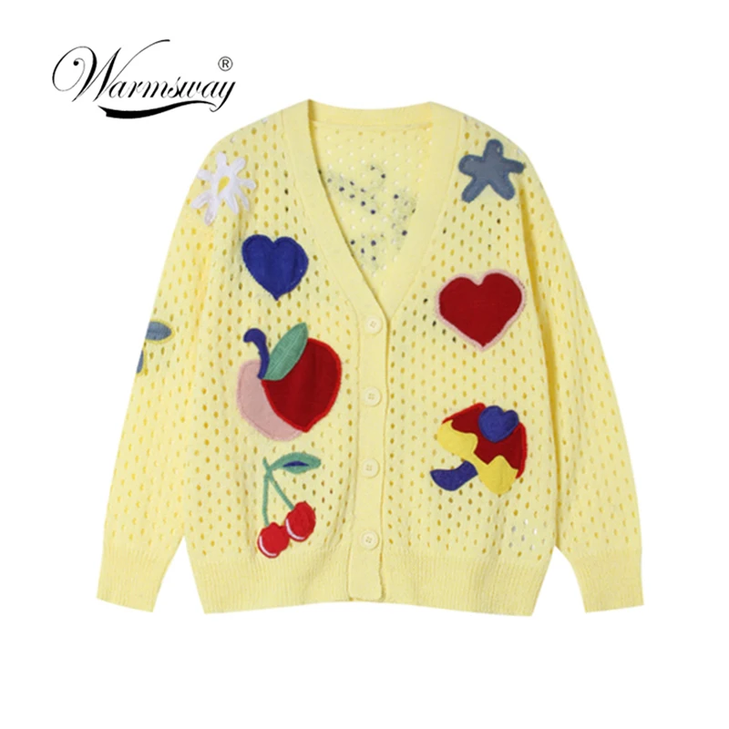 Runway Cardigan Female 2019 New Heart Fruit Patchwork V-neck Long Sleeve Hollow Out Sweaters Women Sweater Knitted Top C-065