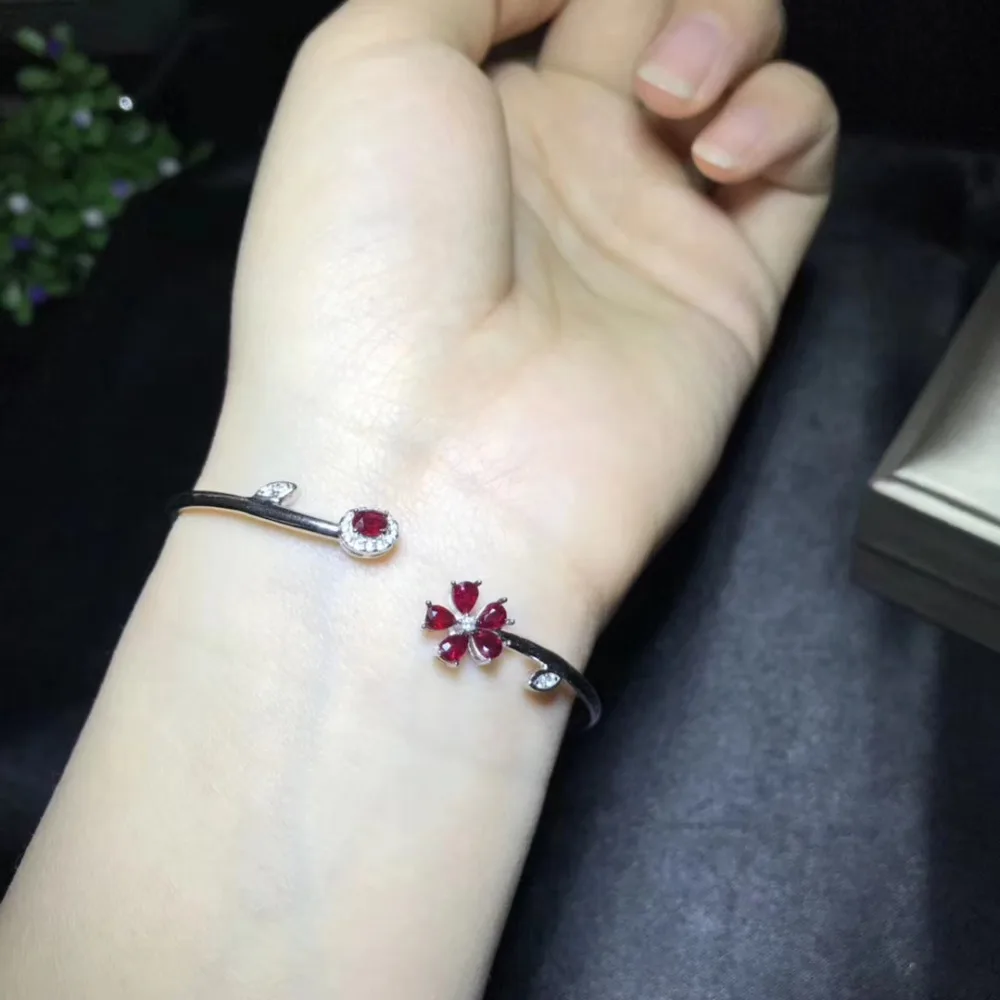  Naturel rouge rubis gemme bracelets naturel rouge pierre gemme Bracelet S925 argent ouverture fleur