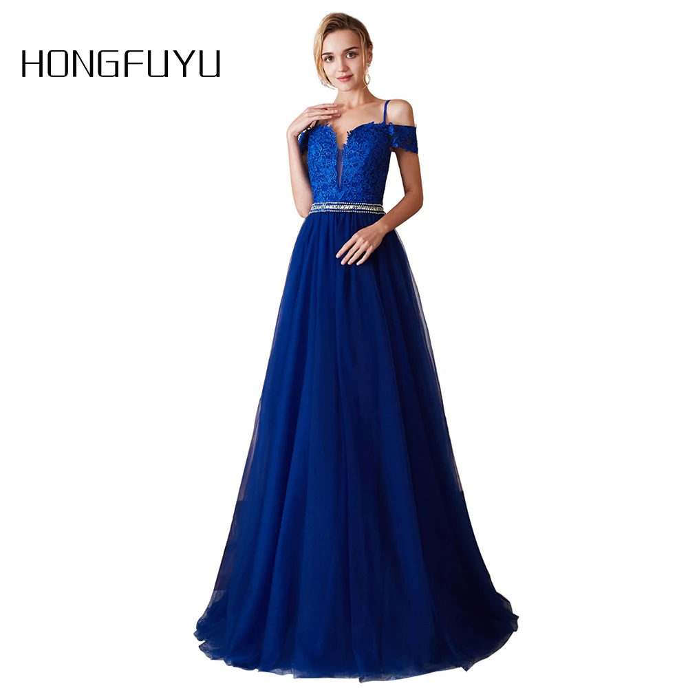 Vestido Longo Royal Blue Long Prom Dresses 2021 Vintage Beading Lace