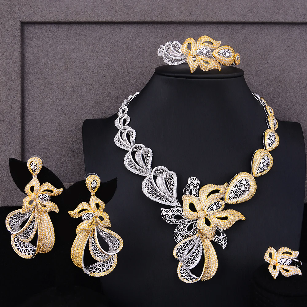 GODKI Luxury Trendy Flowers Nigerian Jewelry sets For Women Wedding Cubic Zircon CZ Dubai Gold Bridal Jewelry Set