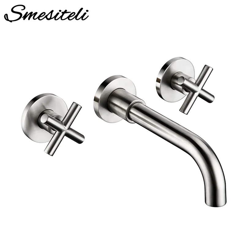 Smesiteli Modern Double Handle Brushed Basin Faucet Round Wire Drawing Surface Pool Faucet Hot & Cold Water Bathroom Taps