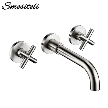 

Smesiteli Modern Double Handle Brushed Basin Faucet Round Wire Drawing Surface Pool Faucet Hot & Cold Water Bathroom Taps