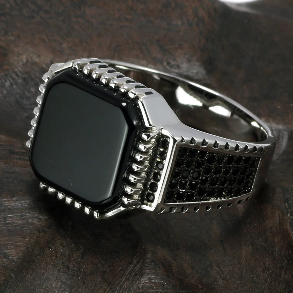 Настоящие Твердые 925 пробы серебряные турецкие кольца для мужчин черные кольца с камнем квадратный натуральный оникс винтажные мужские ювелирные изделия Anelli