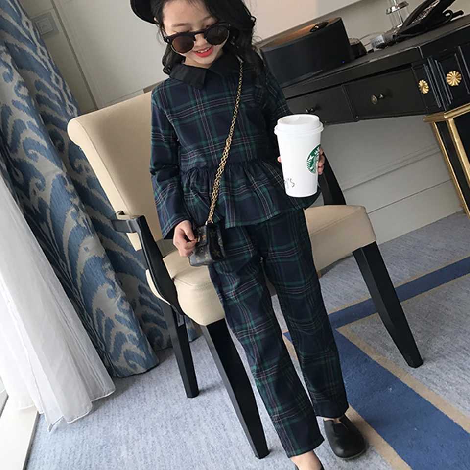

5 6 7 8 9 10 11 12 13 14 Years Autumn Girls Clothes Sets Back to School Uniform Costume 2018 Plaid Blouses + Pants Clothing Sets