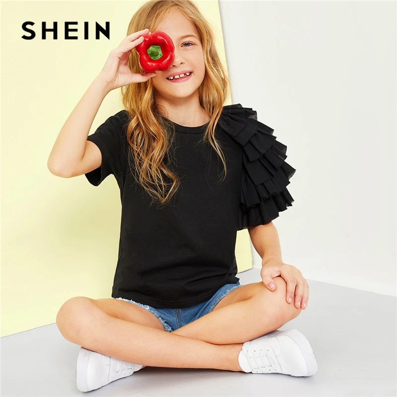 SHEIN Black Girls Layered Ruffle Sleeve Casual T-Shirt Girls Tops 2019 Spring Fashion Short Sleeve Elegant T-Shirts Girls Tee SHEIN Black Girls Layered Ruffle Sleeve Casual T-Shirt Girls Tops 2019 Spring Fashion Short Sleeve Elegant T-Shirts Girls Tee