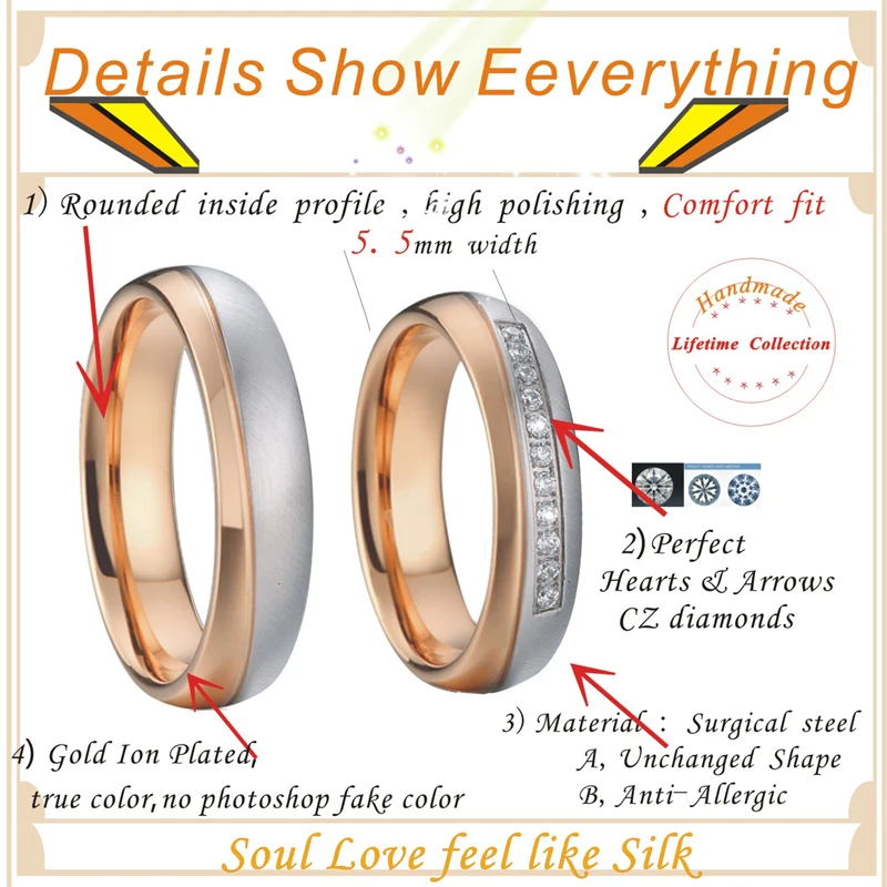 Женские обручальные кольца, набор для пар, розовое золото, Подарок на годовщину, подарок для мужчин