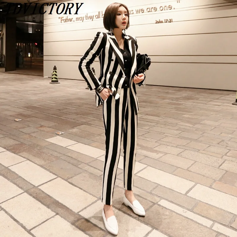 

2019 Autumn Runway Long Pant Suits Women Office Lady Business Two Piece Suits Formal Work Wear Sets Elegant stripe Pant Suits