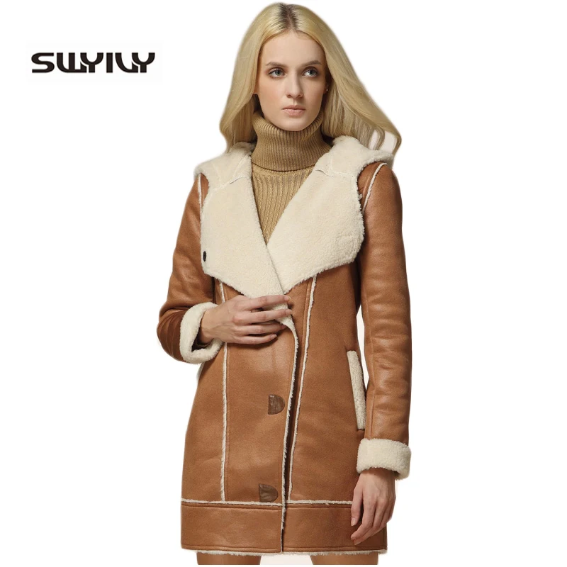 Composite Lamb Fur Lining Suede Jackets Woman Winter Long British Fur Coat Female Warm Leather Coat Top Black Camel