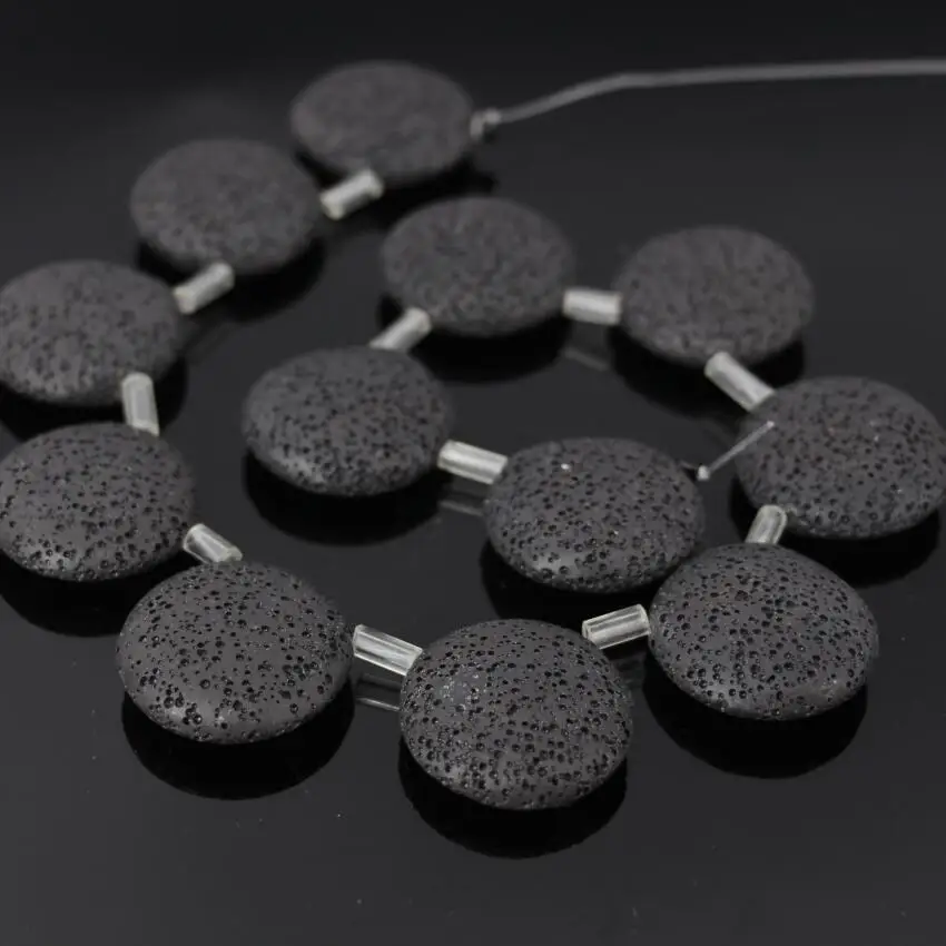 

3Strands/lot 30mm Black Natural Lava Top Drilled Flat Round Slab Coin Bead Charms,Volcano Lava Rock Disc Heishi Beads Jewelry