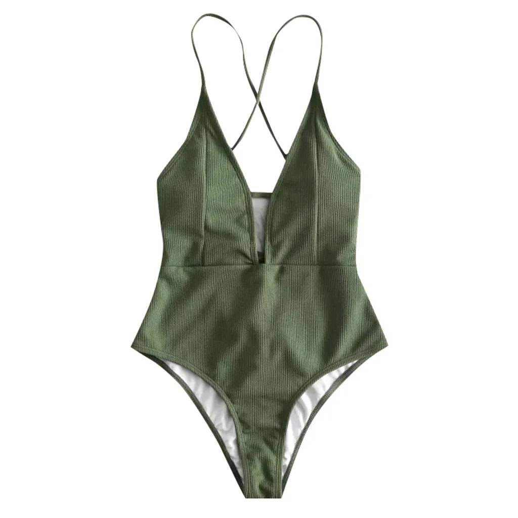 

Womail One Pieces Suits Women Swimsuit Female Biquini Backless Swimsuit Swimwear Solid Green Sexy Bikini Bathing Suit L30503