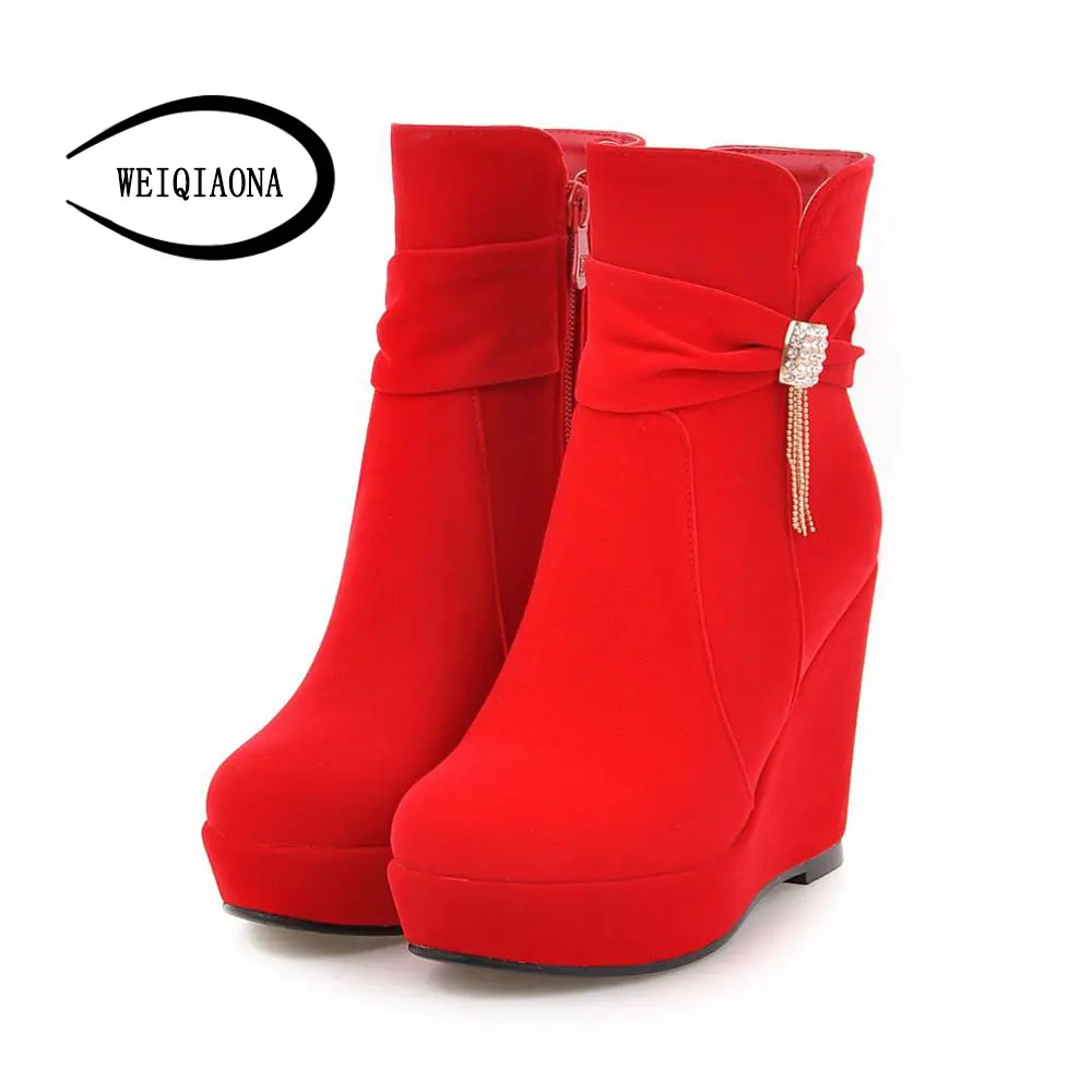 

Leisure Fashion Winter Heels Women Boots Platform Wedge Boots Ladies Ankle Boots with Zipper decoration rhinestone