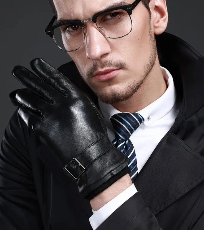 Новые кожаные зимние перчатки guantes, теплые перчатки из овчины, мужские кожаные перчатки, простые противоскользящие перчатки для мужчин KWA559 - Цвет: Black