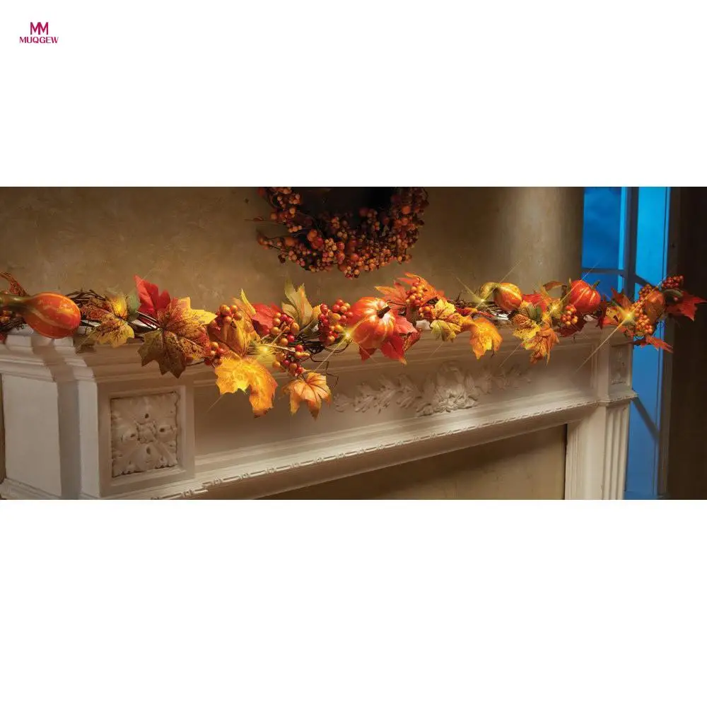 

MUQGEW 1.8M LED Lighted Fall Autumn Pumpkin Maple Leaves Garland Thanksgiving Decor 3XAA battery