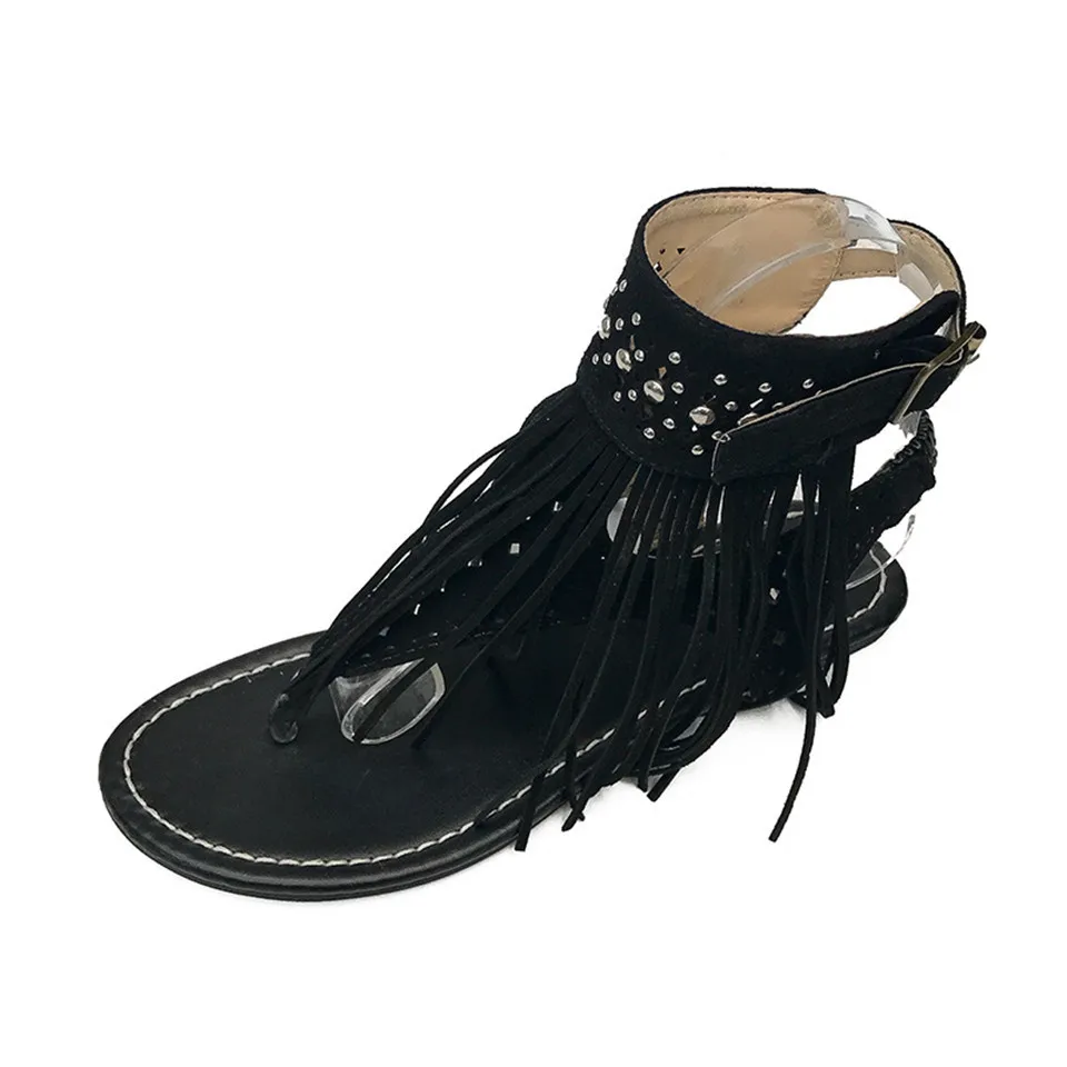 LIN KING/женские сандалии-гладиаторы с бахромой в стиле ретро; модные сандалии со стразами на плоской подошве; большие размеры; женские летние тонкие туфли с пряжкой в стиле панк