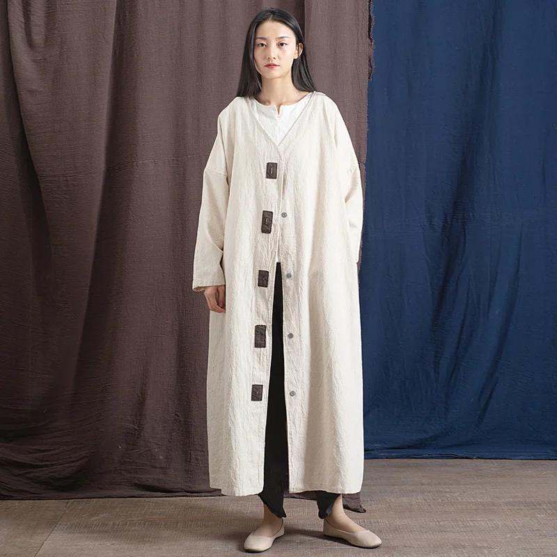 

Johnature Cotton Linen Trench Vintage Button Coats For Women 2019 Spring New V-Neck Long Sleeve Patchwork Women Trench Coats