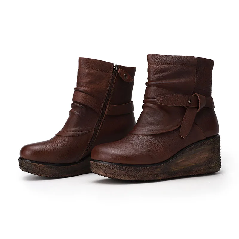 À Cuir Vintage Femmes Compensées La D'origine Bottines Orteils Bottes Femme Nouveauté Vallu Chaussures En Boucle 2019 Main Ronde Marron Pour hdtQrsC