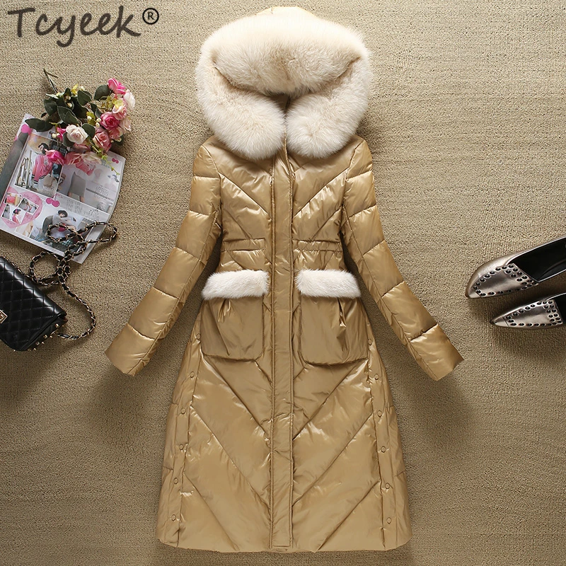 Tcyeek, зимние куртки, модные женские пуховики с натуральным лисьим мехом, с капюшоном, толстые, теплые, на утином пуху, пальто для женщин Hiver YRF-1892