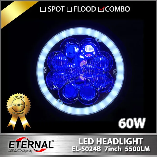 

free shipping pair 7in 60W round offroad LED headlight blue atmosphere light full set with H4 to H13 connectors dual sealed beam