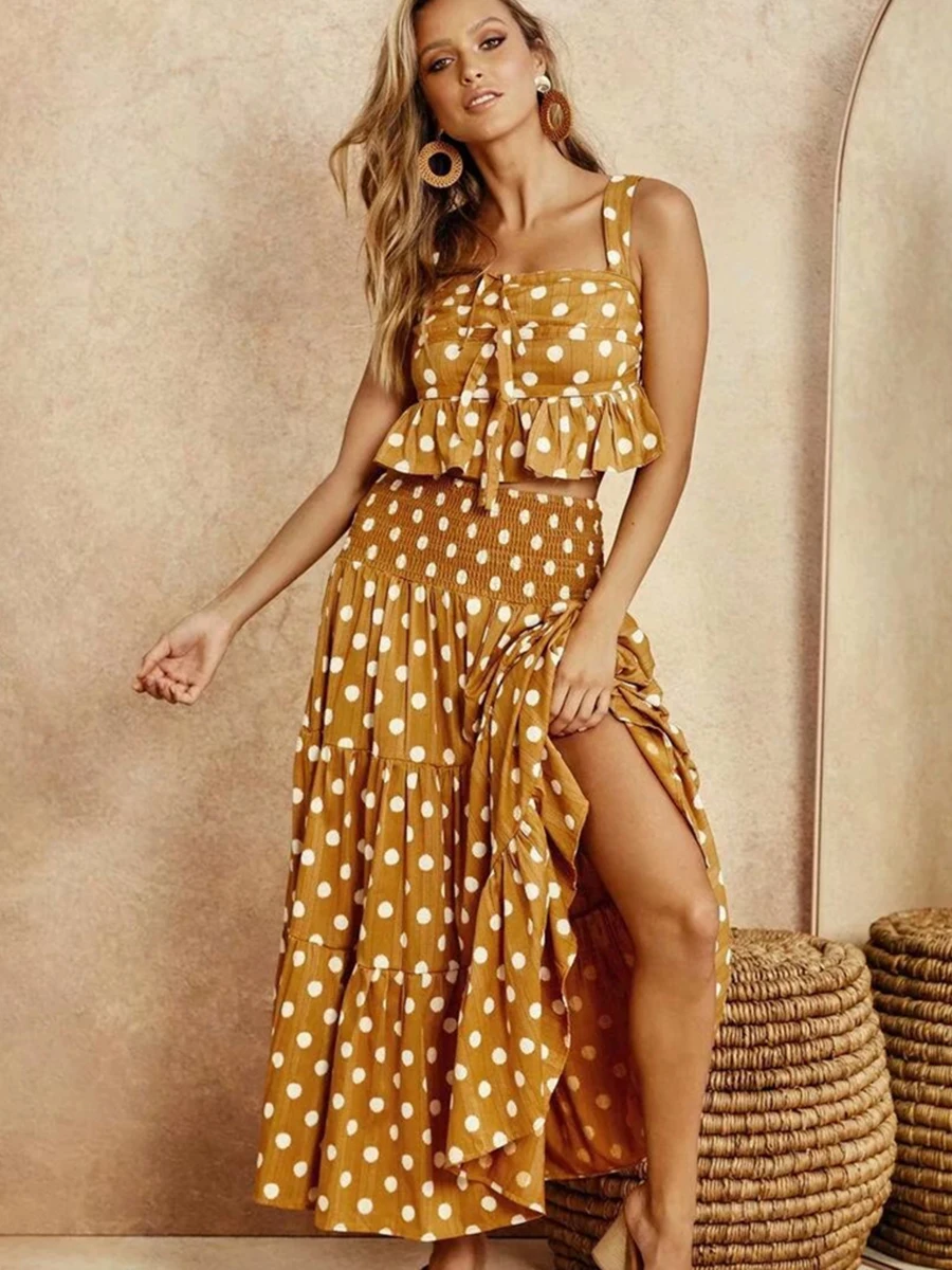 

Polka Dot Vintage Skirt Set Women Summer Clothes 2019 Printed Ruffles Chic 2 Piece Sets Beach Boho Hippie Chic Loose Set Suit
