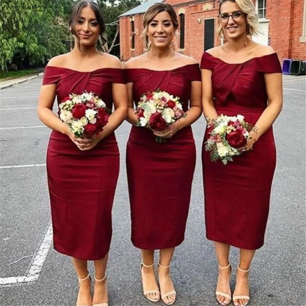 

2019 Burgundy Bridesmaid Dress Tea Length Western Summer Country Garden Formal Wedding Party Guest Maid of Honor Gown Plus Size