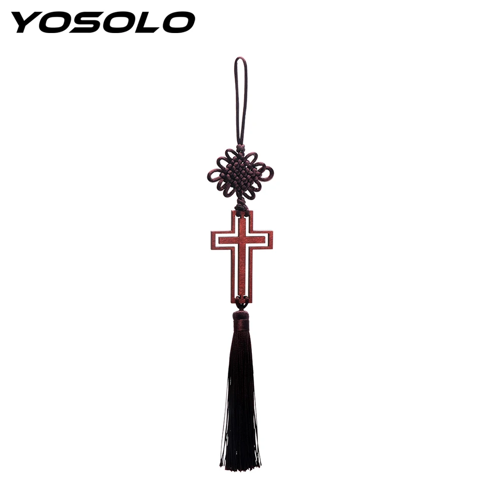 

YOSOLO Hollow Cross Tassel Christian Wood Cross Decoration Car Rearview Mirror Hanging Ornaments Car Decoration