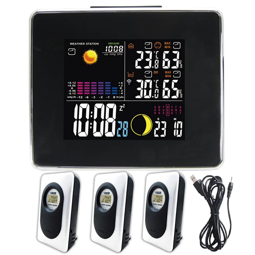 

Hot! RF LCD Backlight Weather Station Black with Barometer Indoor Outdoor Temperature Humidity Digital Clock 3 Transmitters
