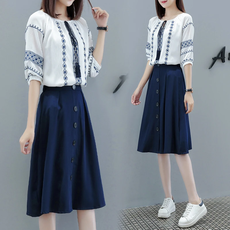 

new summer very fairy French women vintage blouse top & blue skirt embroidery skirts two-piece clothing set vestidos lady outfit